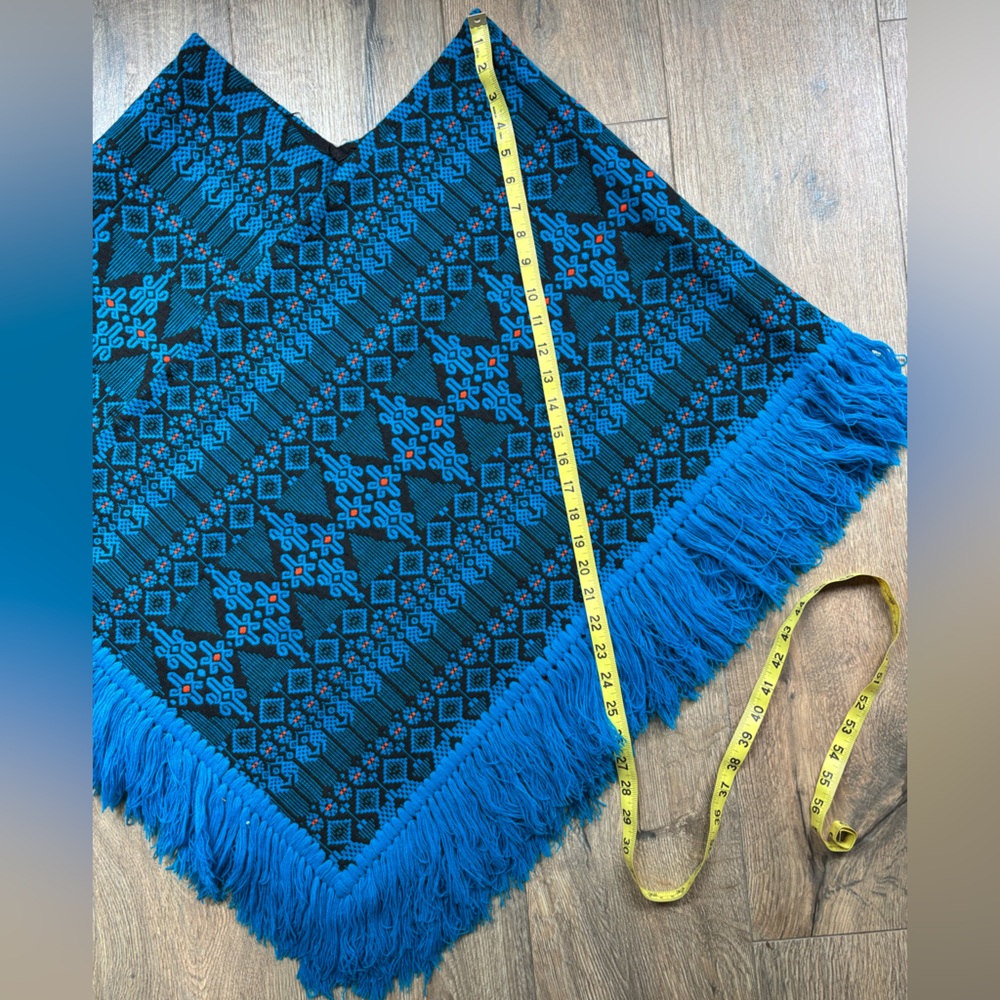 Vintage Guatemalan PONCHO Blue Black Orange Brocade Cotton Blend Hand Loomed - Picture 6 of 14